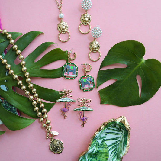 Deanna Pearl Cluster Lion Head Door Knocker Drop Earrings in Worn Gold