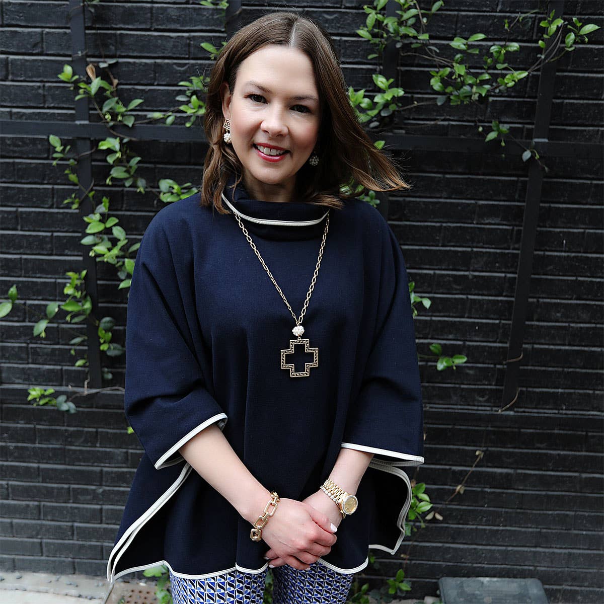 Elysa Greek Keys Cross Pendant & Pearl Necklace in Worn Gold