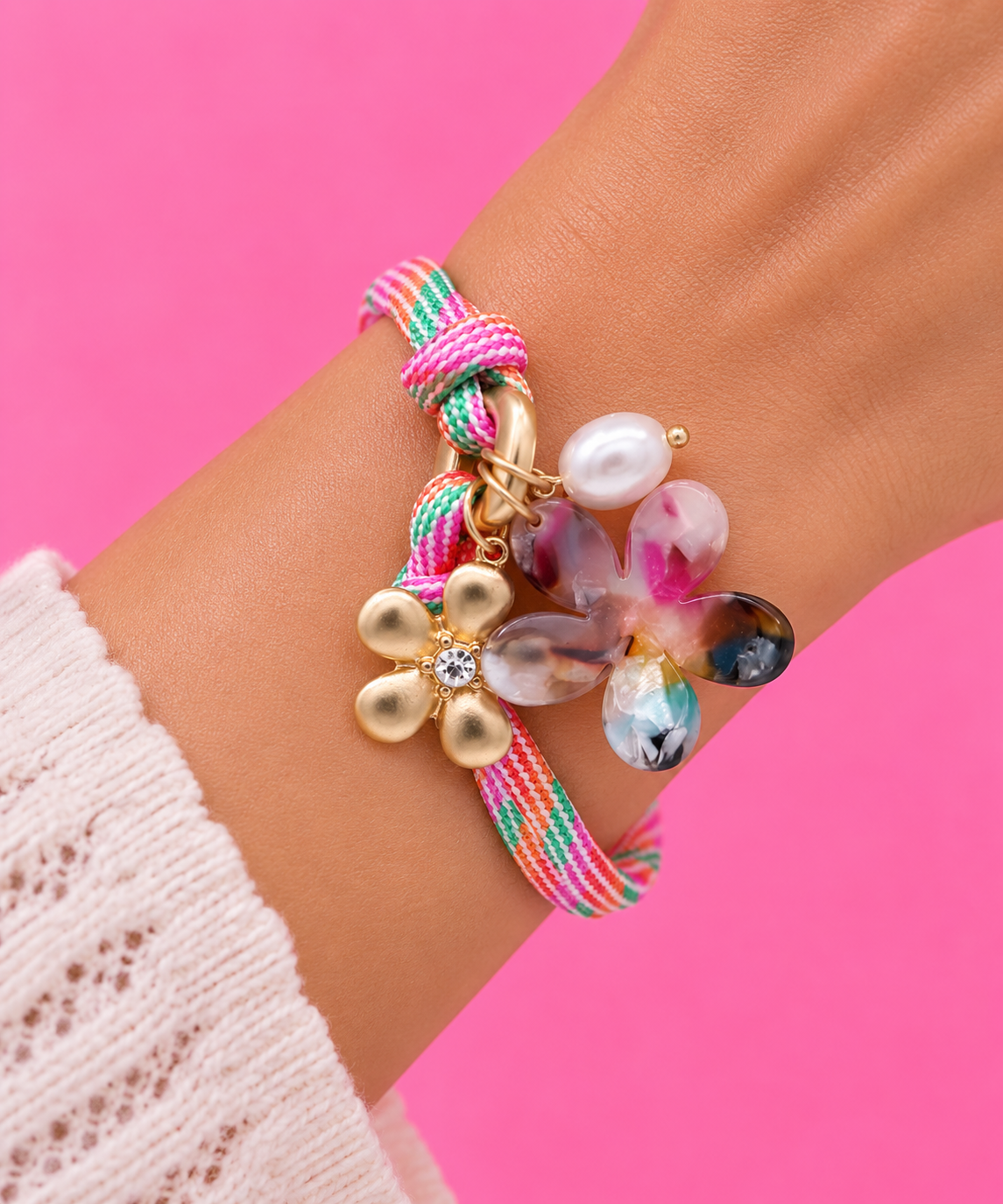 Flower Charm Knotted Cord Bracelet