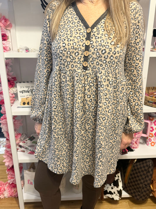 Cashmere Animal Print Button Up Babydoll Tunic