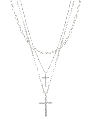 Triple Layer Cross Necklace - Silver