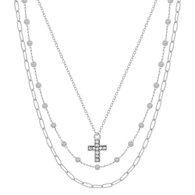 Triple Layered Cross Necklace Silver