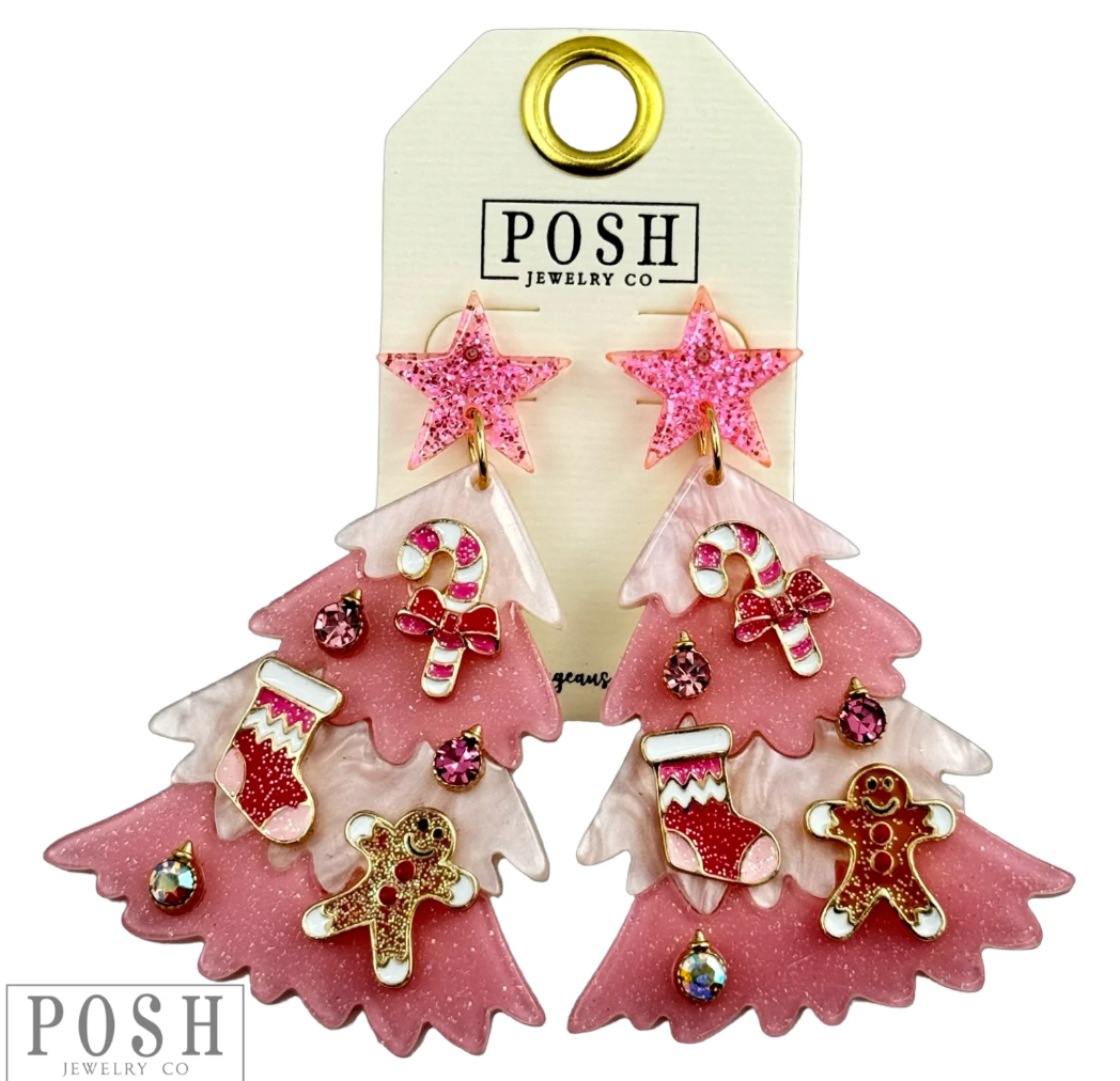 Decorated Christmas Tree Earrings - Pink or White