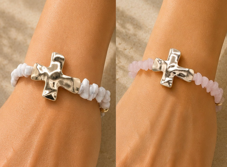 Cross Charm Metal Beaded Stretch Bracelet