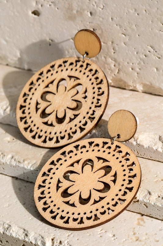 Wood Mandala Statement Earrings