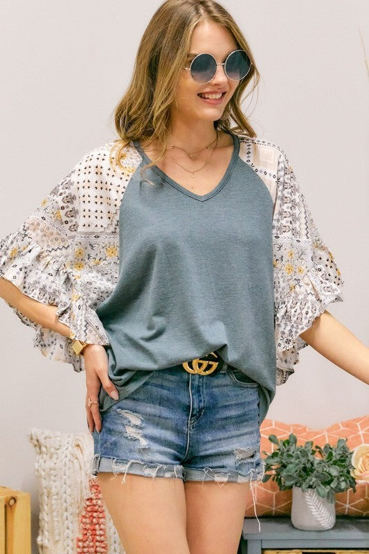 Grey Contrast Sleeve Blouse