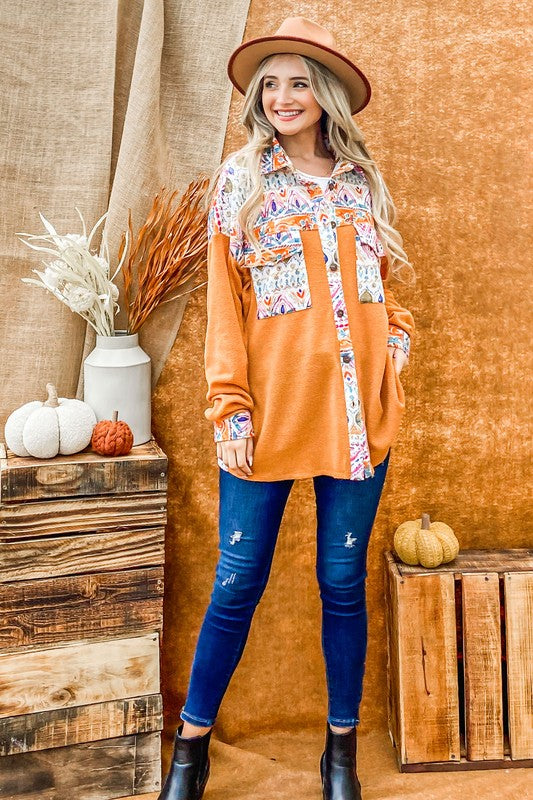 Aztec Printed Color Block Shirt Jacket