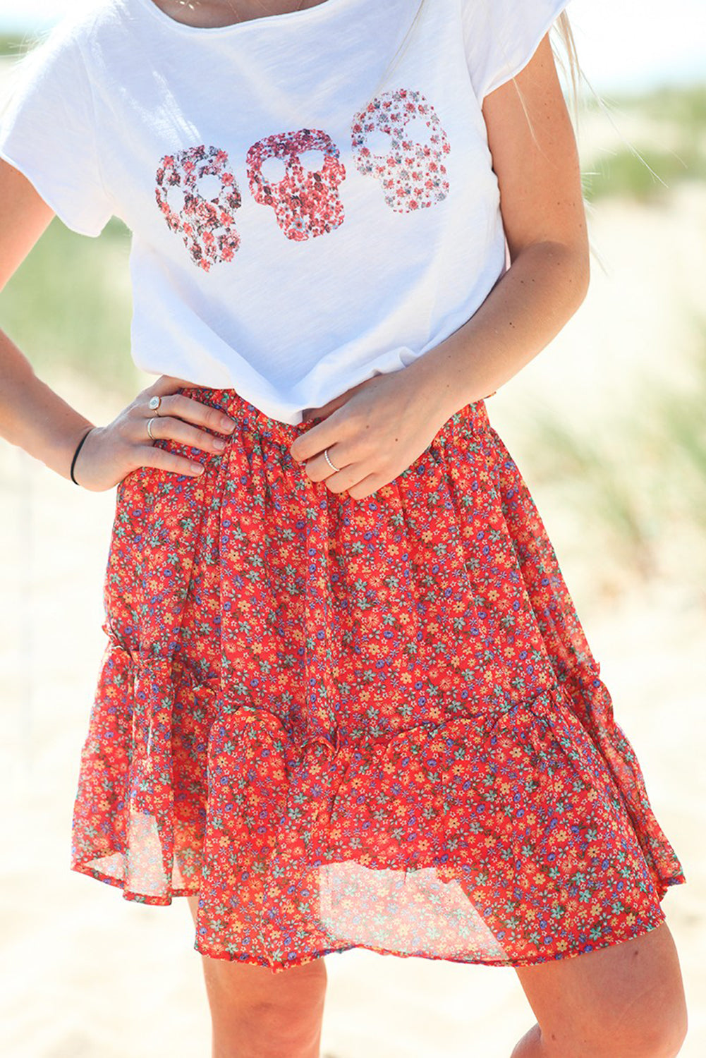 Floral Red Elastic Waist Skirt
