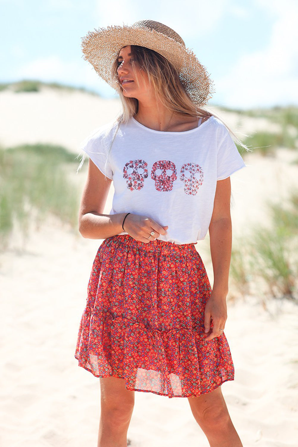 Floral Red Elastic Waist Skirt