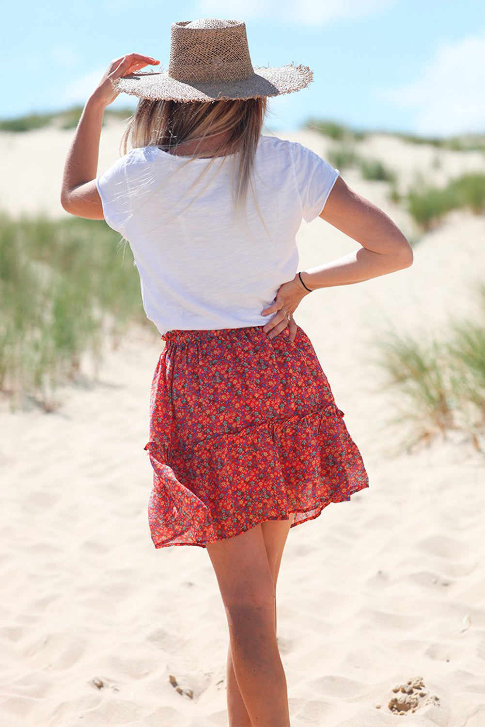Floral Red Elastic Waist Skirt
