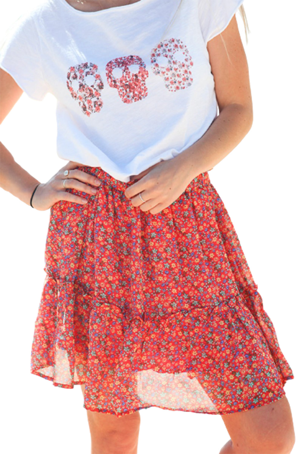 Floral Red Elastic Waist Skirt