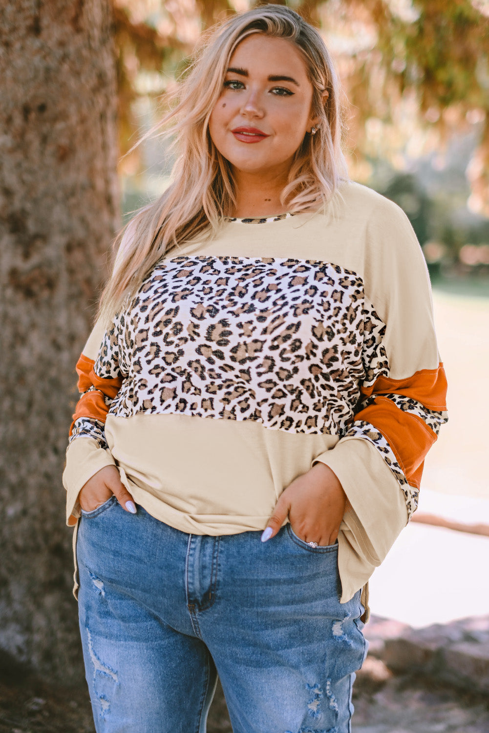 Leopard Color Block Patchwork Plus Size Top