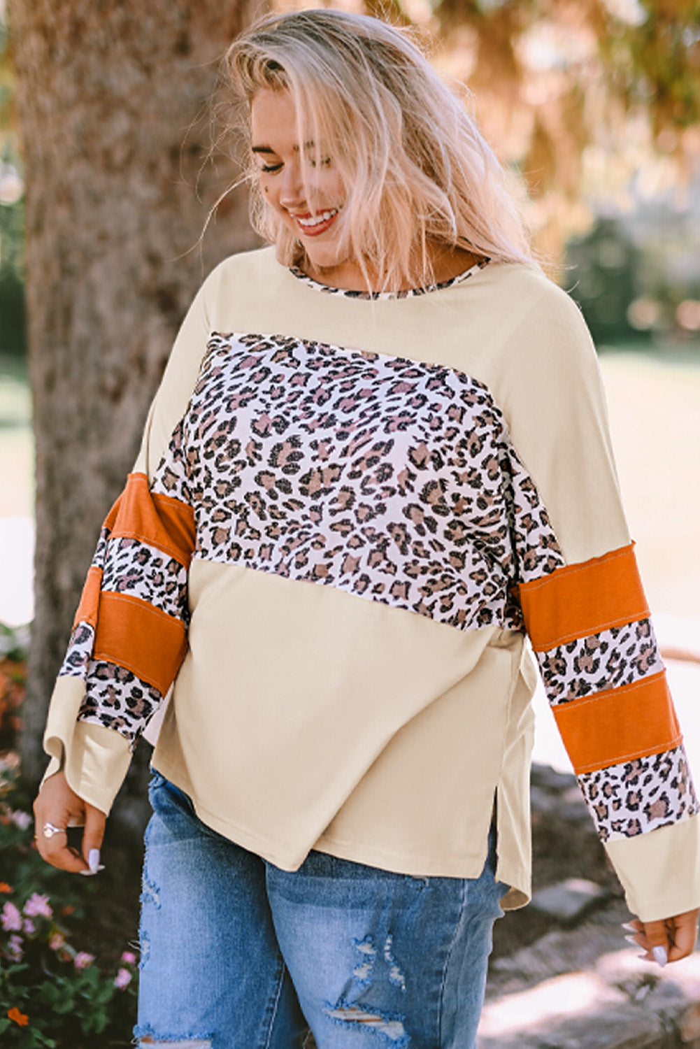 Leopard Color Block Patchwork Plus Size Top