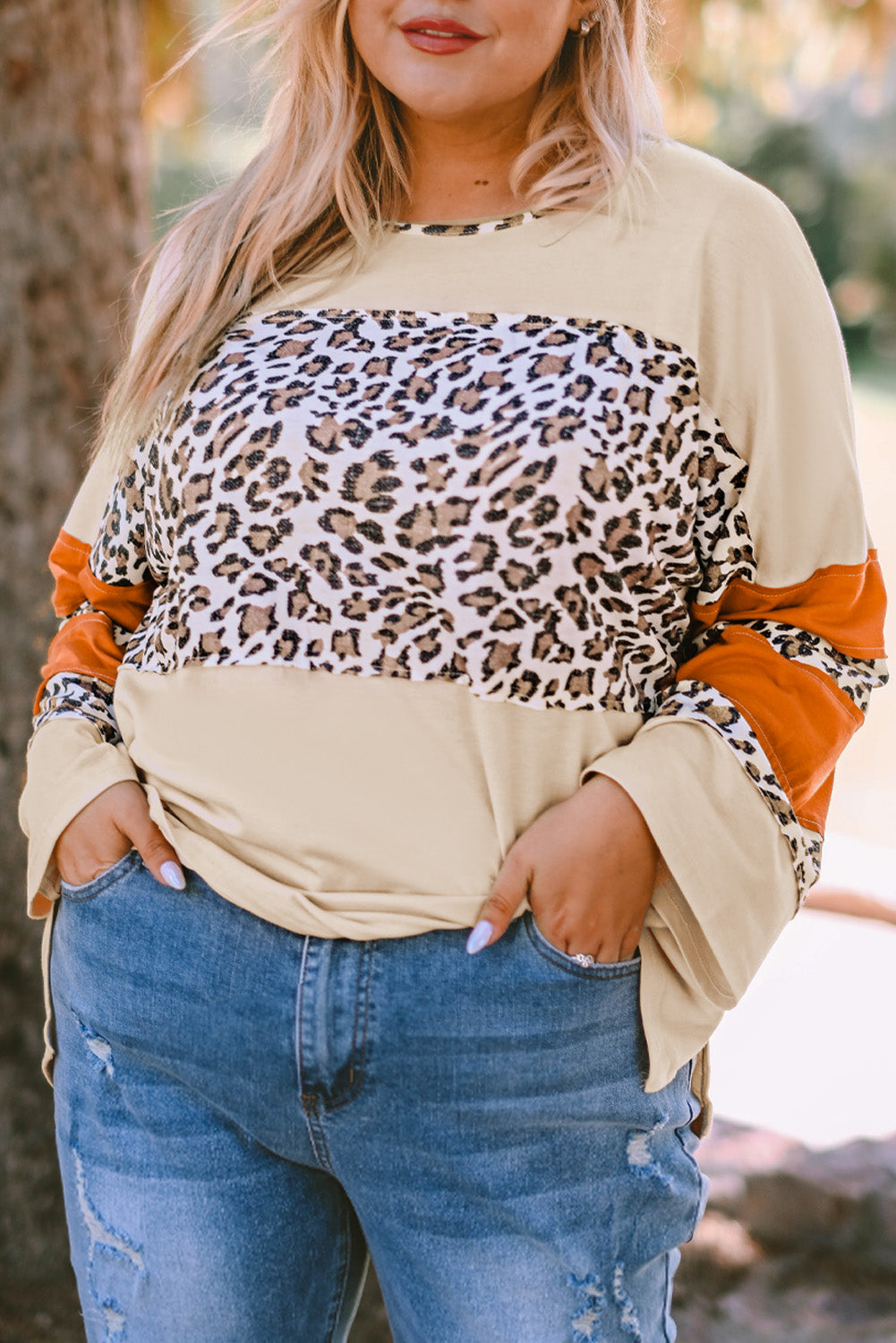 Leopard Color Block Patchwork Plus Size Top