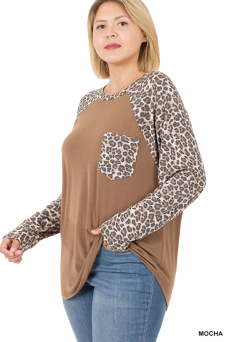 Plus Size Leopard Raglan Top - Mocha