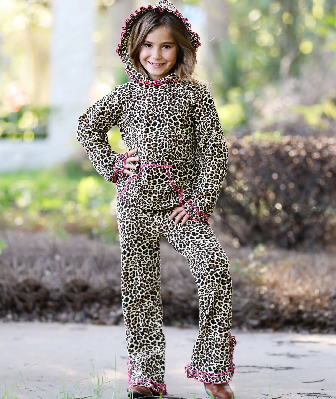 Girls Leopard Ruffle Hoodie 2pc TrackSuit
