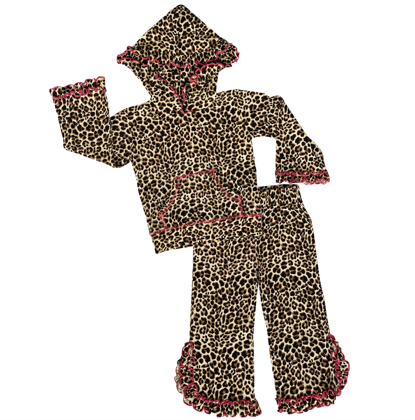 Girls Leopard Ruffle Hoodie 2pc TrackSuit