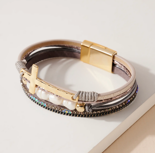 Gold Cross Pearl Clasp Bracelet