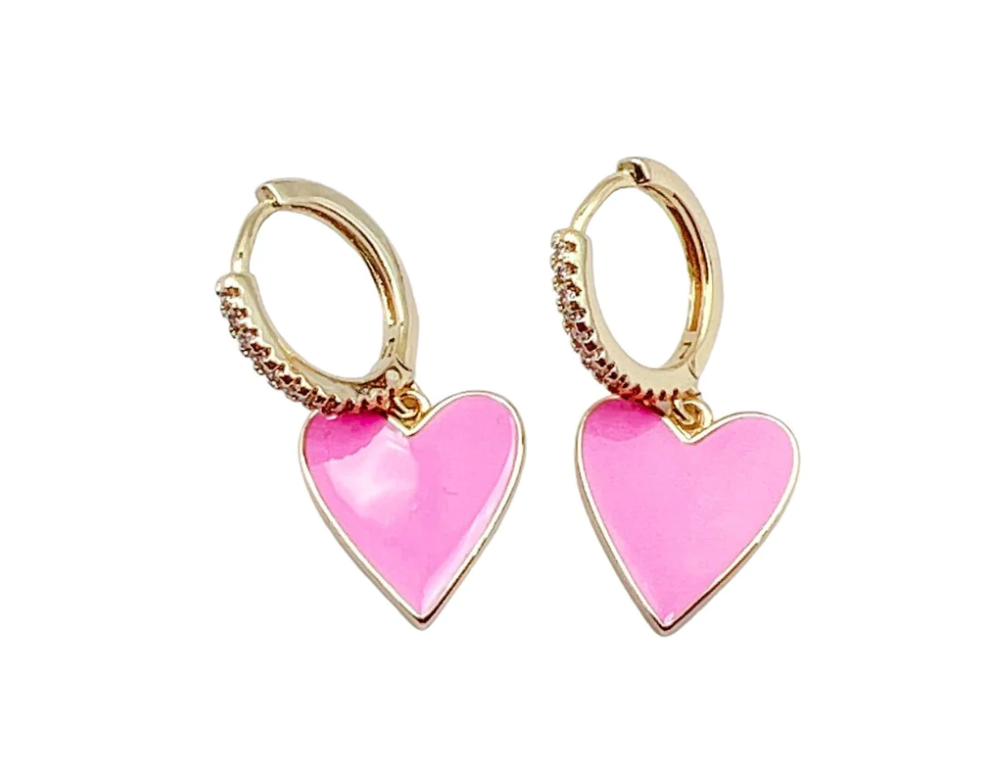 Pink Enamel Heart Earrings