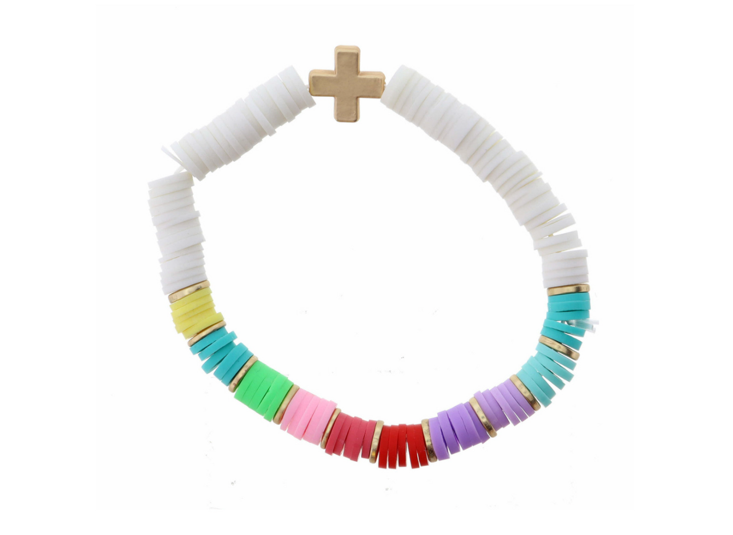 Kids White & Multi Colorblock Rubber Sequin With Gold Cross Bracelet