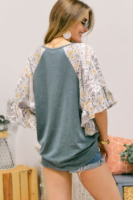 Grey Contrast Sleeve Blouse