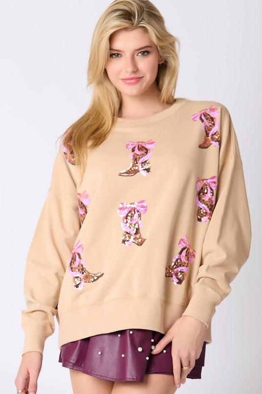 Ribbon & Boots Sequins Embroidery Sweatshirt