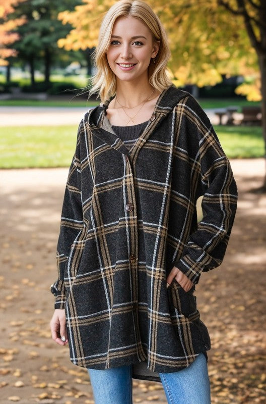 Plus Size Hood Plaid Shacket