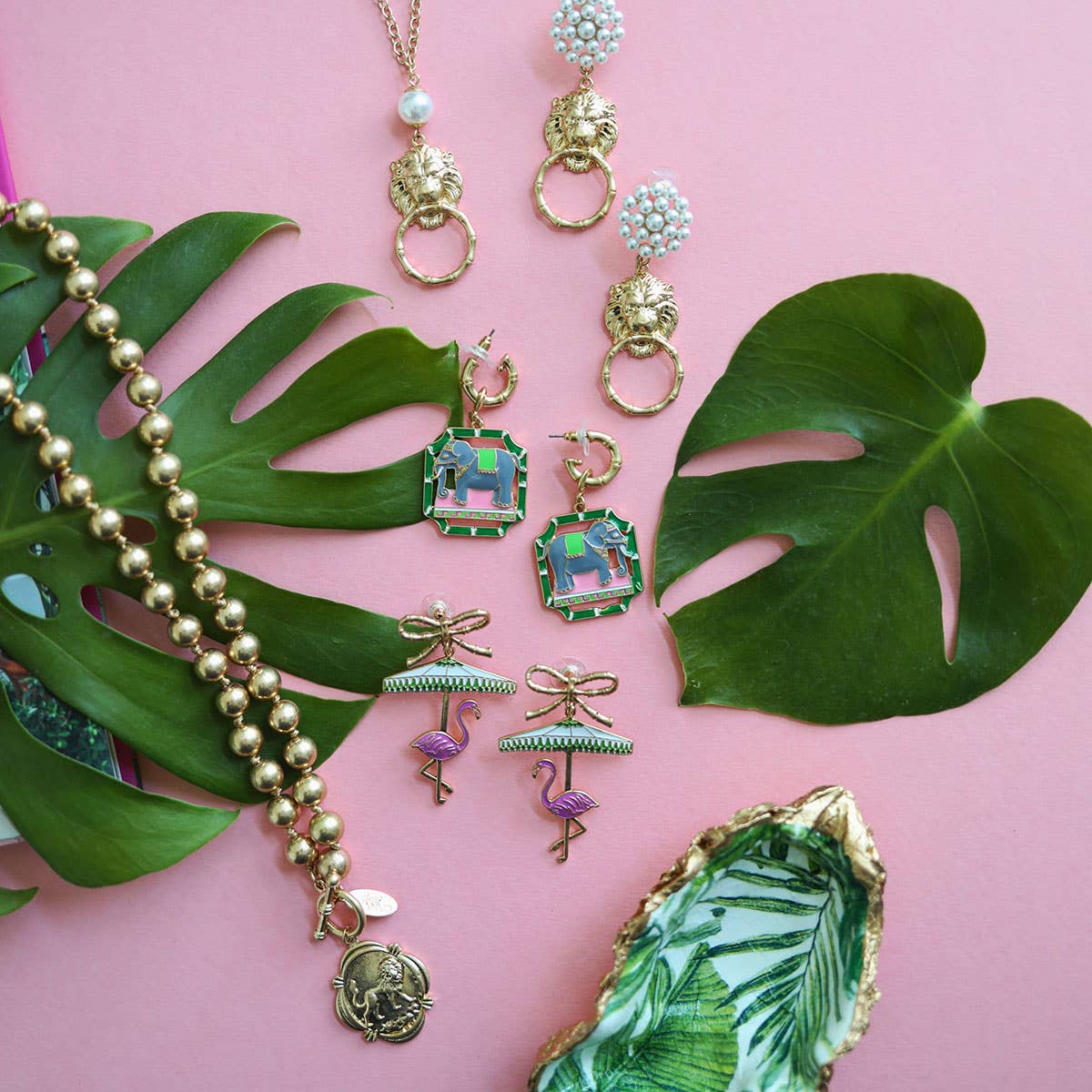 Deanna Pearl Cluster Lion Head Door Knocker Drop Earrings in Worn Gold