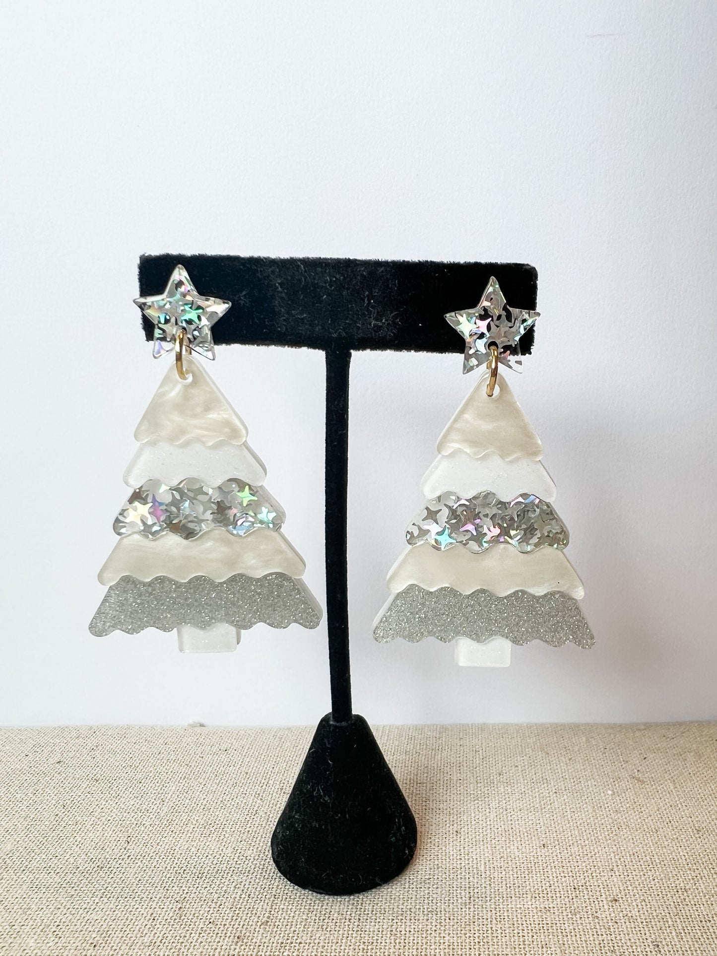 White Christmas Tree Acrylic Earrings