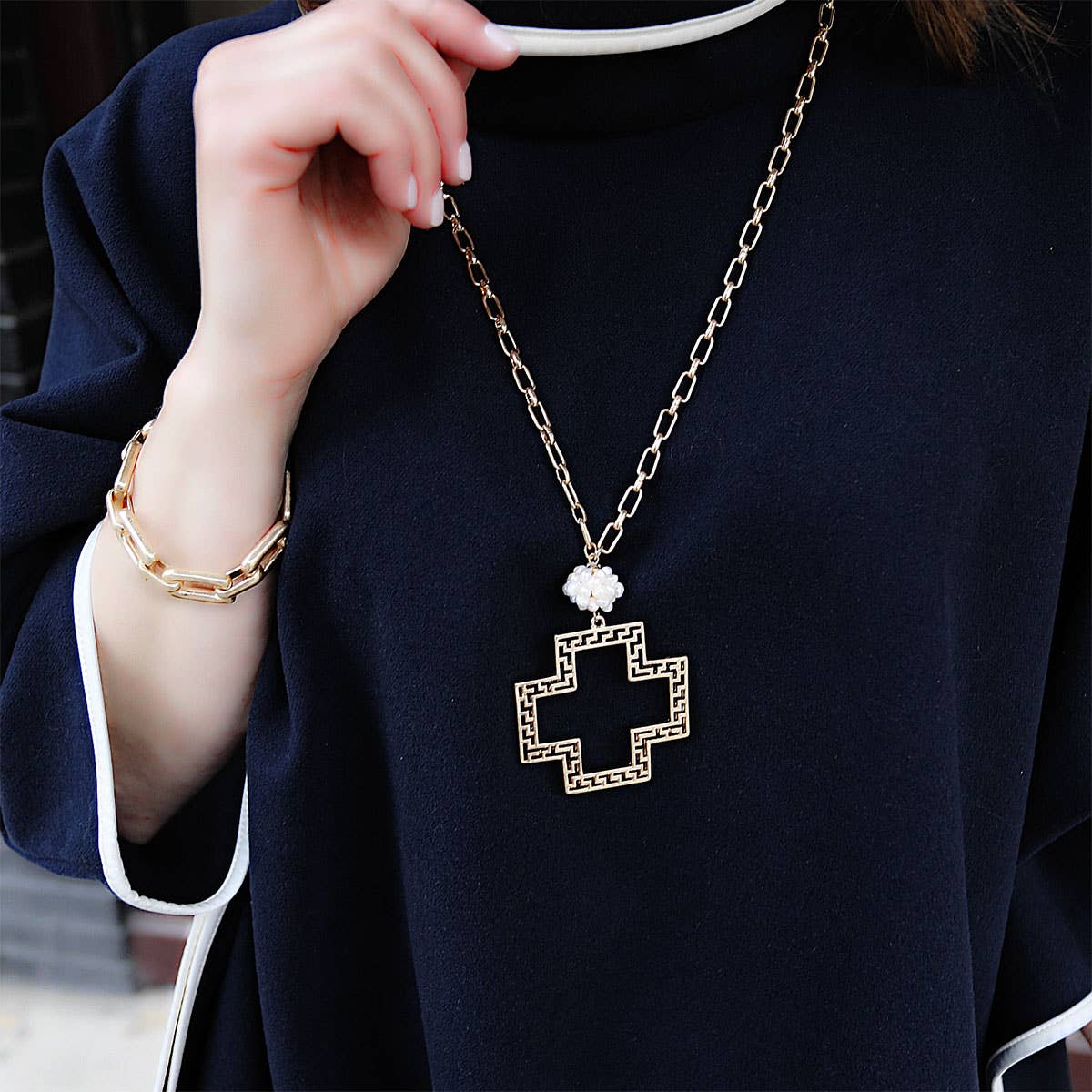 Elysa Greek Keys Cross Pendant & Pearl Necklace in Worn Gold
