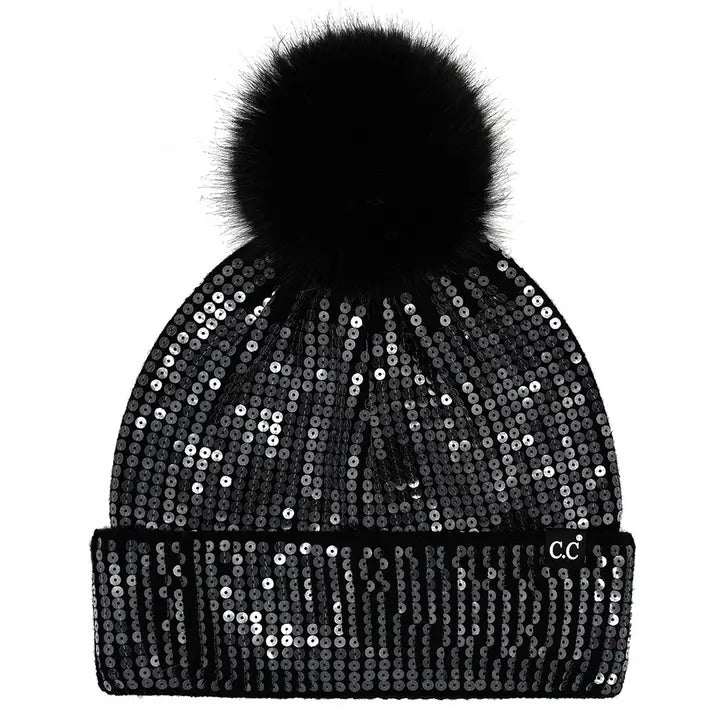 Clear Sequined Cuff Beanie