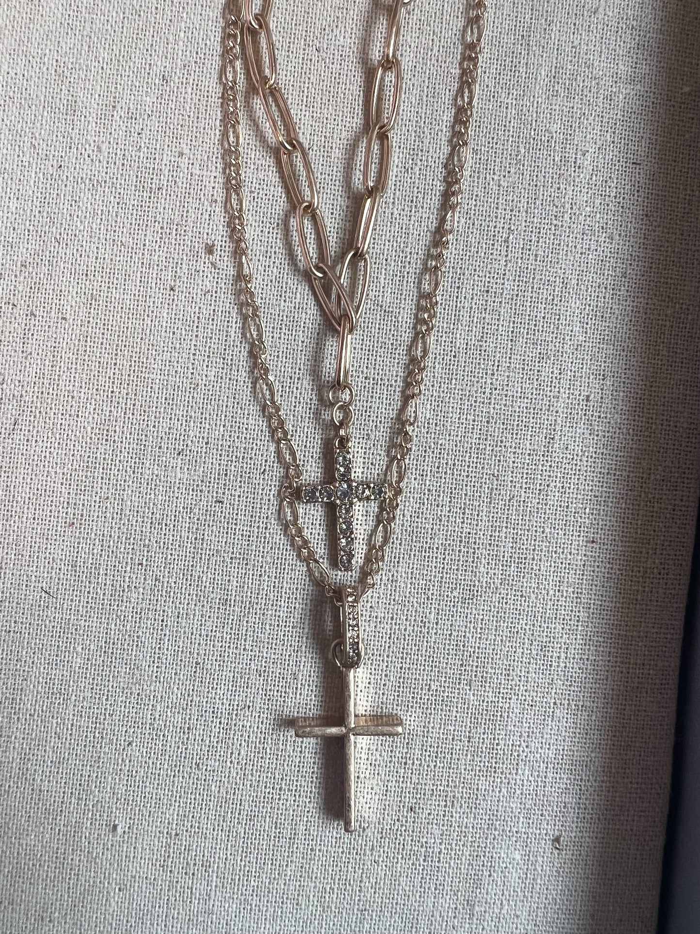 Layered rhinestone cross necklace - gold
