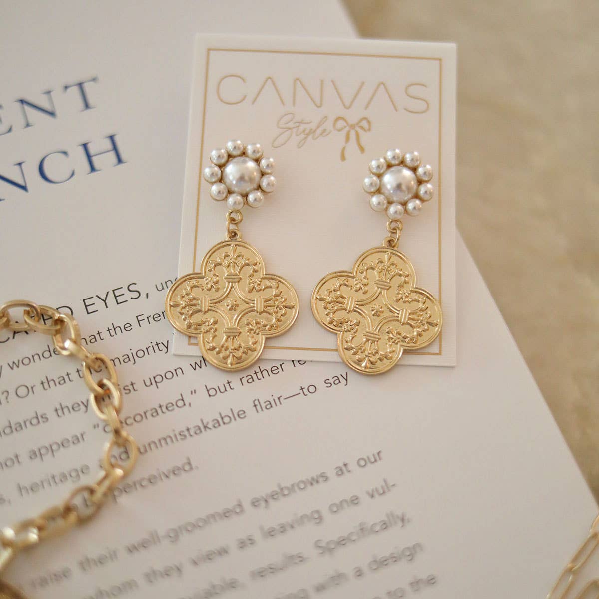 CANVAS Style x MaryCatherineStudio French Quatrefoil Pearl Drop Earrings in Worn Gold