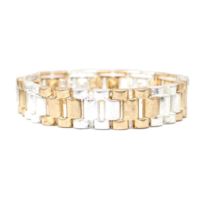 Gold and Silver Watch Band Textured Stretch Bracelet