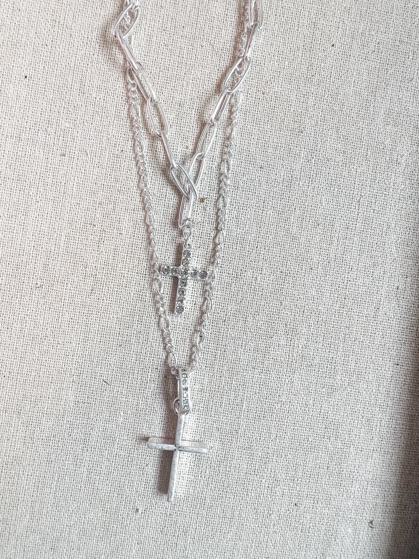 Layered rhinestone cross necklace- silver
