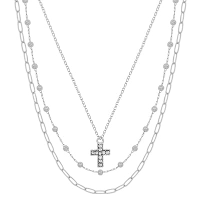 Triple Layered Cross Necklace Silver