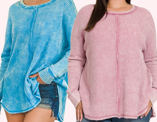 Plus Size Washed Waffle Blouse - 2 Colors
