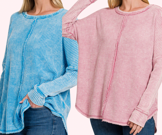 Washed Waffle Blouse - 2 Colors