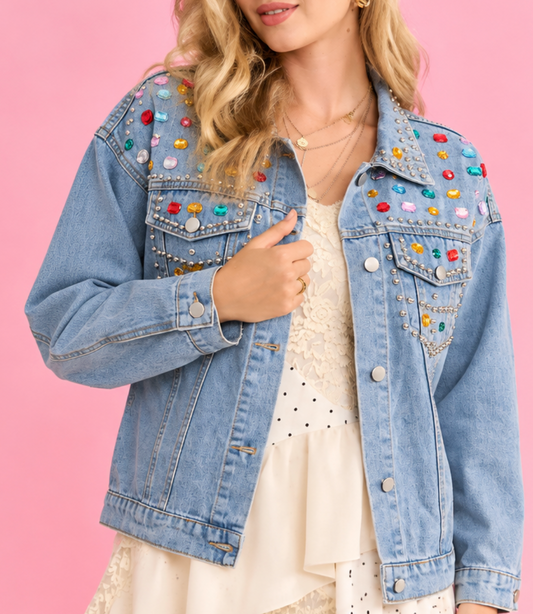 Gemstone Studded Washed Denim Jacket