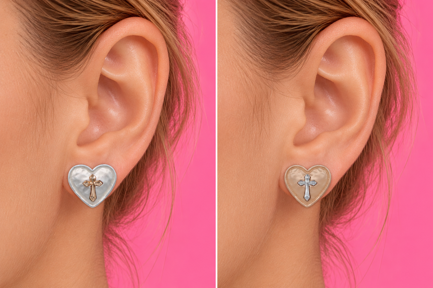 Heart Cross Engraved Stud Post Earrings