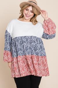 Plus Size Flower Color Block Top