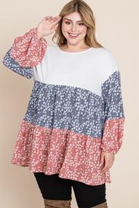 Plus Size Flower Color Block Top