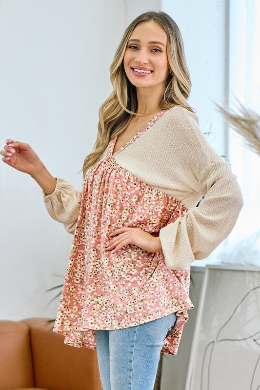 Waffle Floral V-Neck Blouse