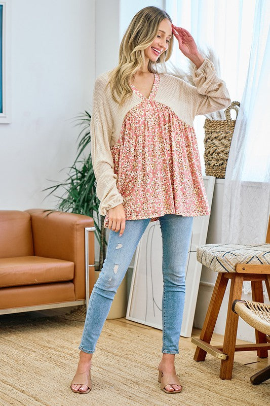 Waffle Floral V-Neck Blouse