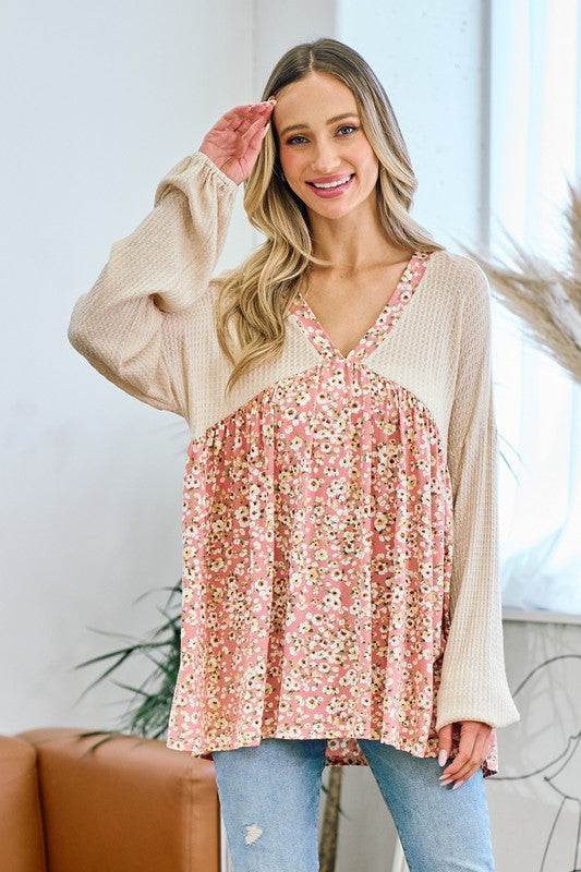 Waffle Floral V-Neck Blouse