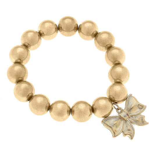 Waverly Bow Charm Ball Bead Stretch Bracelet in Worn Gold