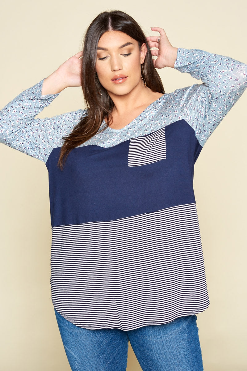 Plus Size Blue Mood Color Block Blouse