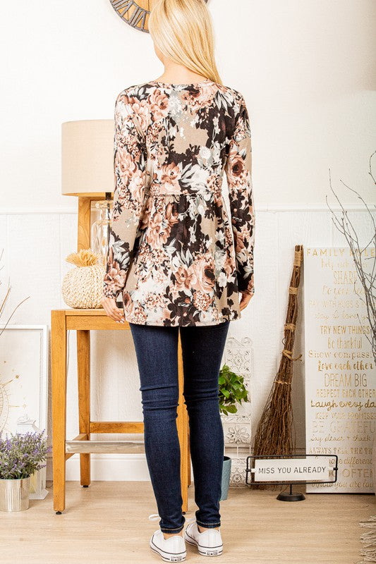 Floral Taupe Long Sleeve Blouse