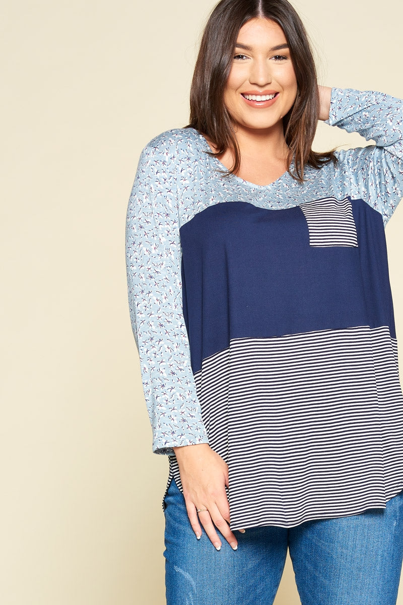 Plus Size Blue Mood Color Block Blouse