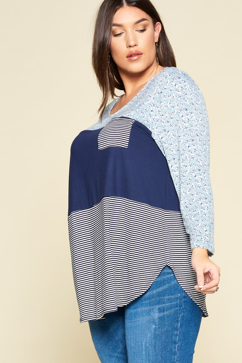 Plus Size Blue Mood Color Block Blouse